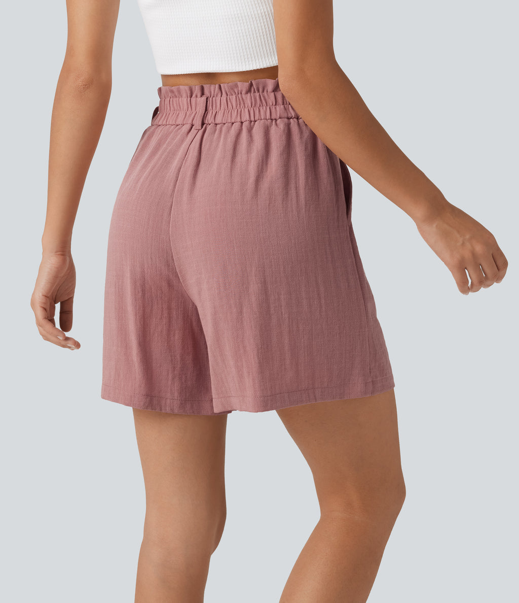 High Waisted Casual Linen-Feel Shorts 5“ with Pockets — Rosette — view 4
