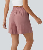 High Waisted Casual Linen-Feel Shorts 5“ with Pockets — Rosette — view 4