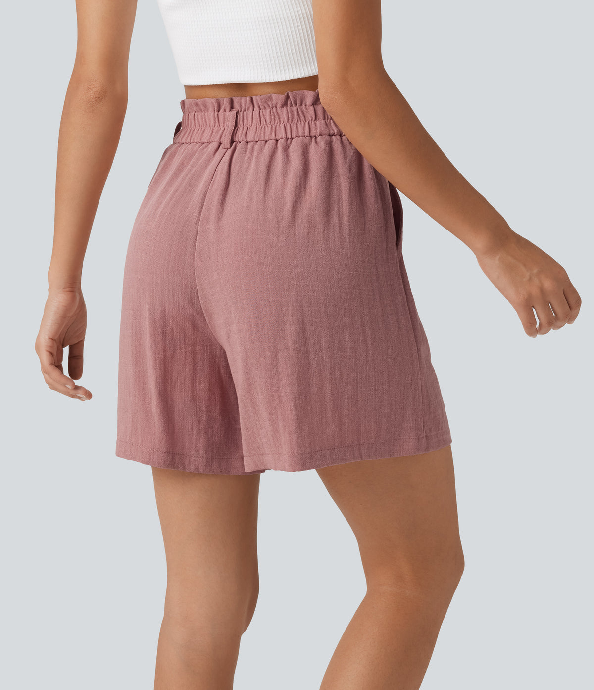 High Waisted Casual Linen-Feel Shorts 5“ with Pockets — Rosette — view 4