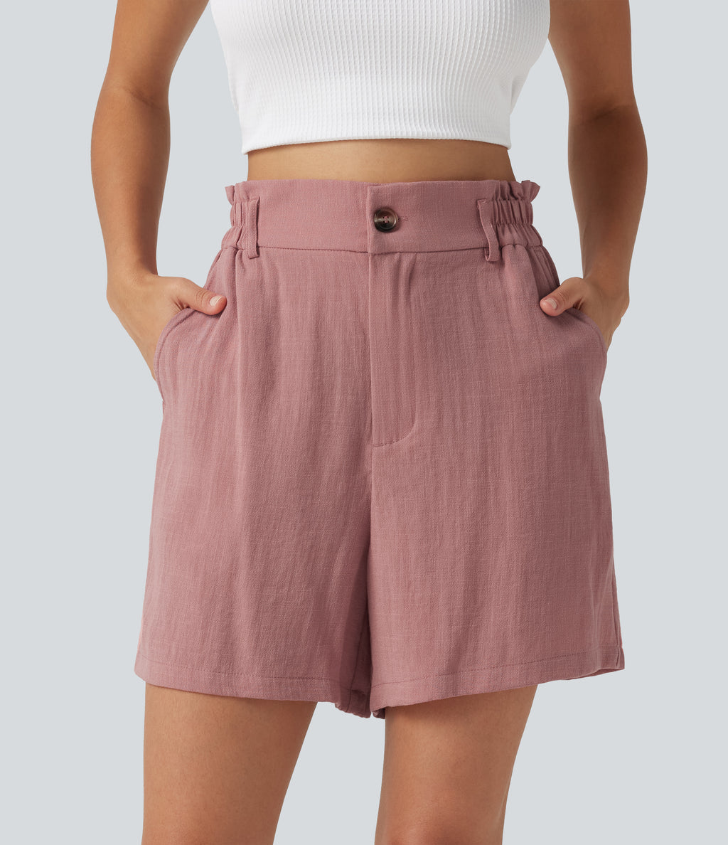 High Waisted Casual Linen-Feel Shorts 5“ with Pockets — Rosette — view 1