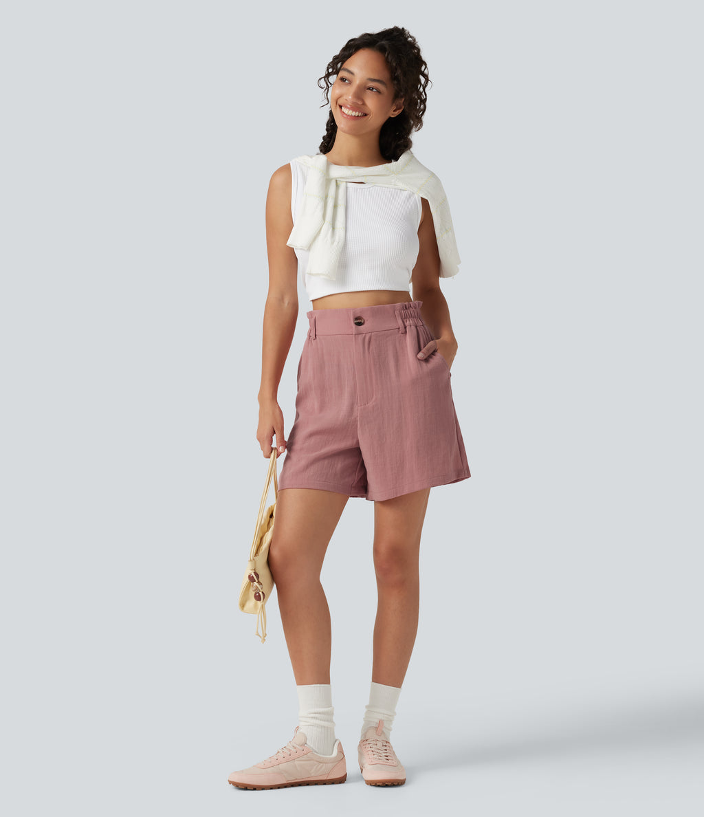 High Waisted Casual Linen-Feel Shorts 5“ with Pockets — Rosette — view 7