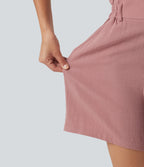 High Waisted Casual Linen-Feel Shorts 5“ with Pockets — Rosette — view 6