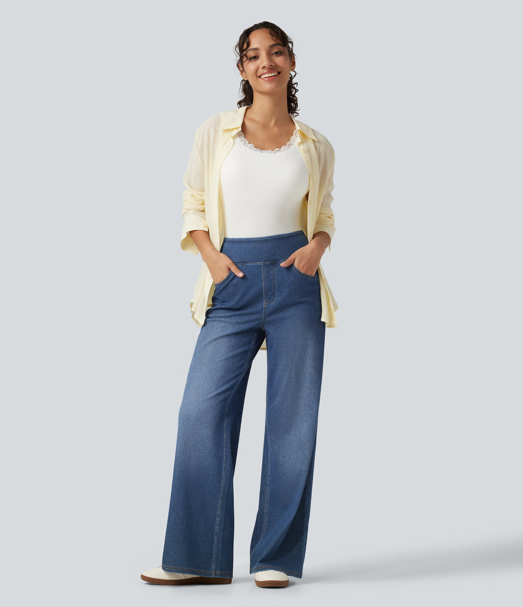 High Waisted Wide Leg Silver Shine Casual Jeans with Pockets — Tide Blue Denim — view 7
