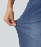 High Waisted Wide Leg Silver Shine Casual Jeans with Pockets — Tide Blue Denim — view 6