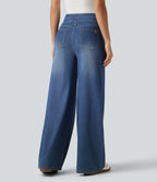 High Waisted Wide Leg Silver Shine Casual Jeans with Pockets — Tide Blue Denim — view 2