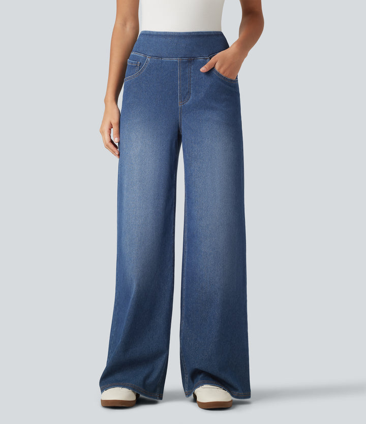 High Waisted Wide Leg Silver Shine Casual Jeans with Pockets — Tide Blue Denim — view 1