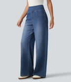 High Waisted Wide Leg Silver Shine Casual Jeans with Pockets — Tide Blue Denim — view 3