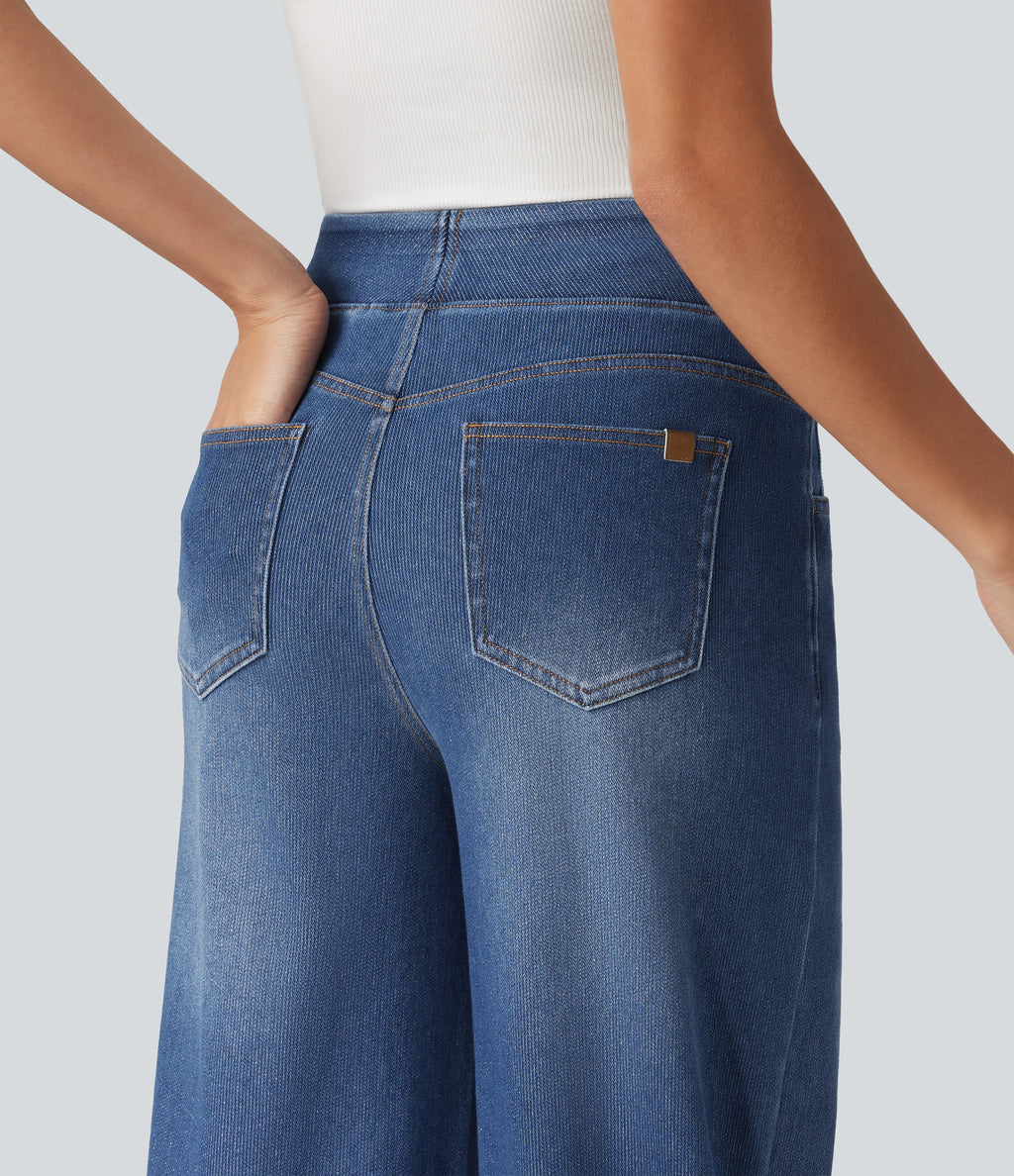 High Waisted Wide Leg Silver Shine Casual Jeans with Pockets — Tide Blue Denim — view 5