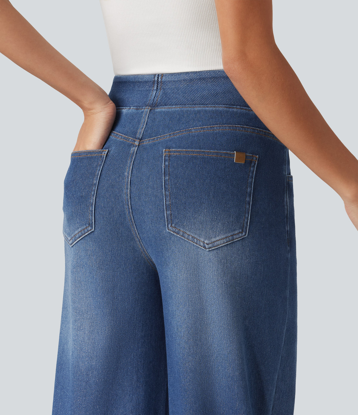 High Waisted Wide Leg Silver Shine Casual Jeans with Pockets — Tide Blue Denim — view 5