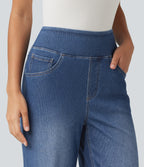 High Waisted Wide Leg Silver Shine Casual Jeans with Pockets — Tide Blue Denim — view 4