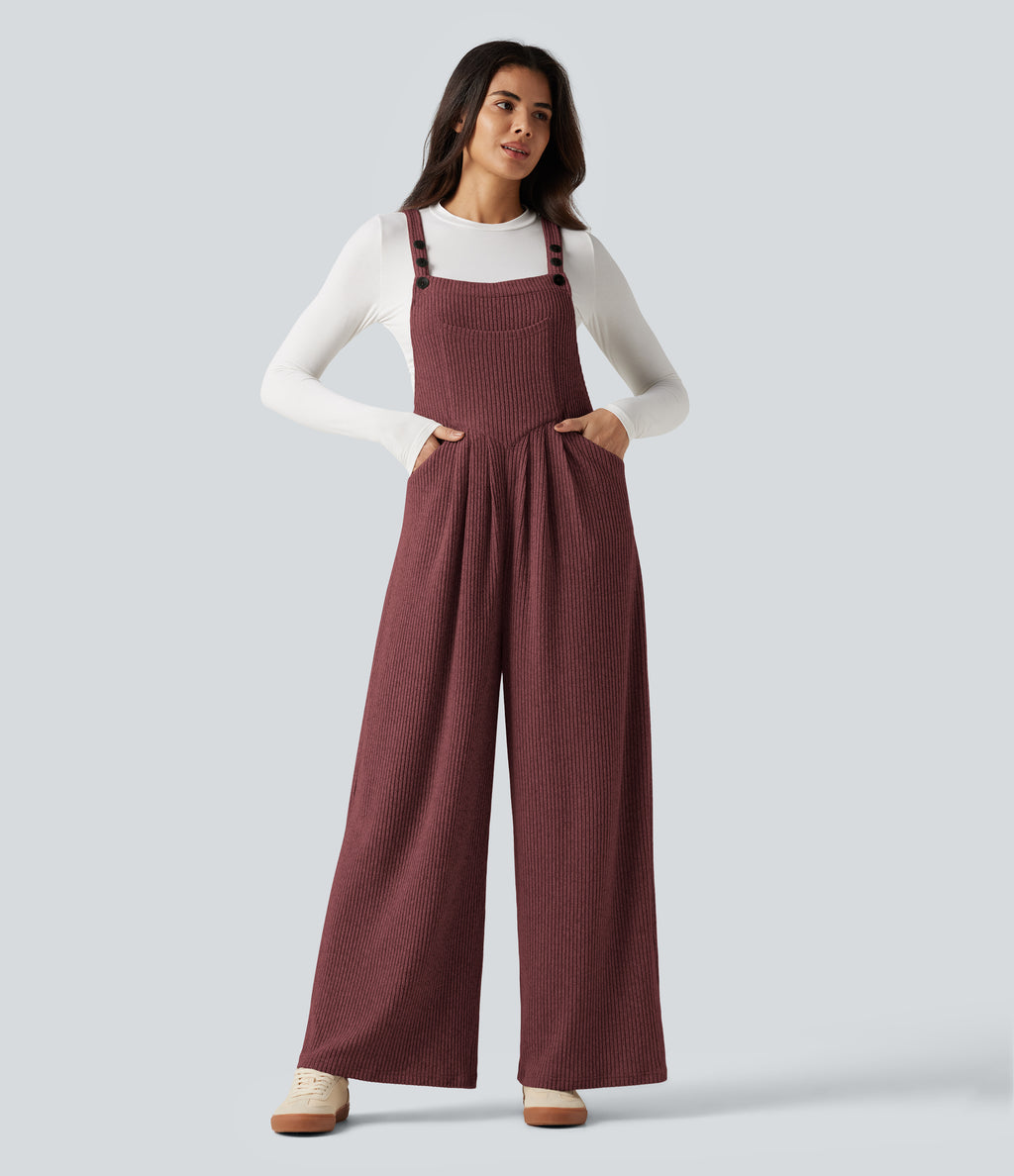 Ribbed Knit Casual Dungarees with Pockets — Cozy Burgundy — view 4