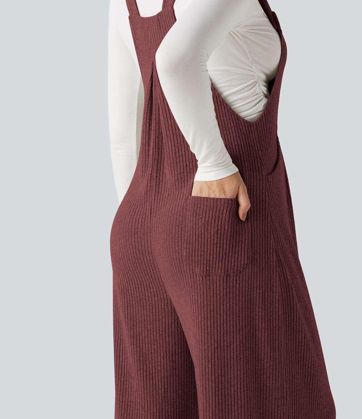 Ribbed Knit Casual Dungarees with Pockets — Cozy Burgundy — view 6