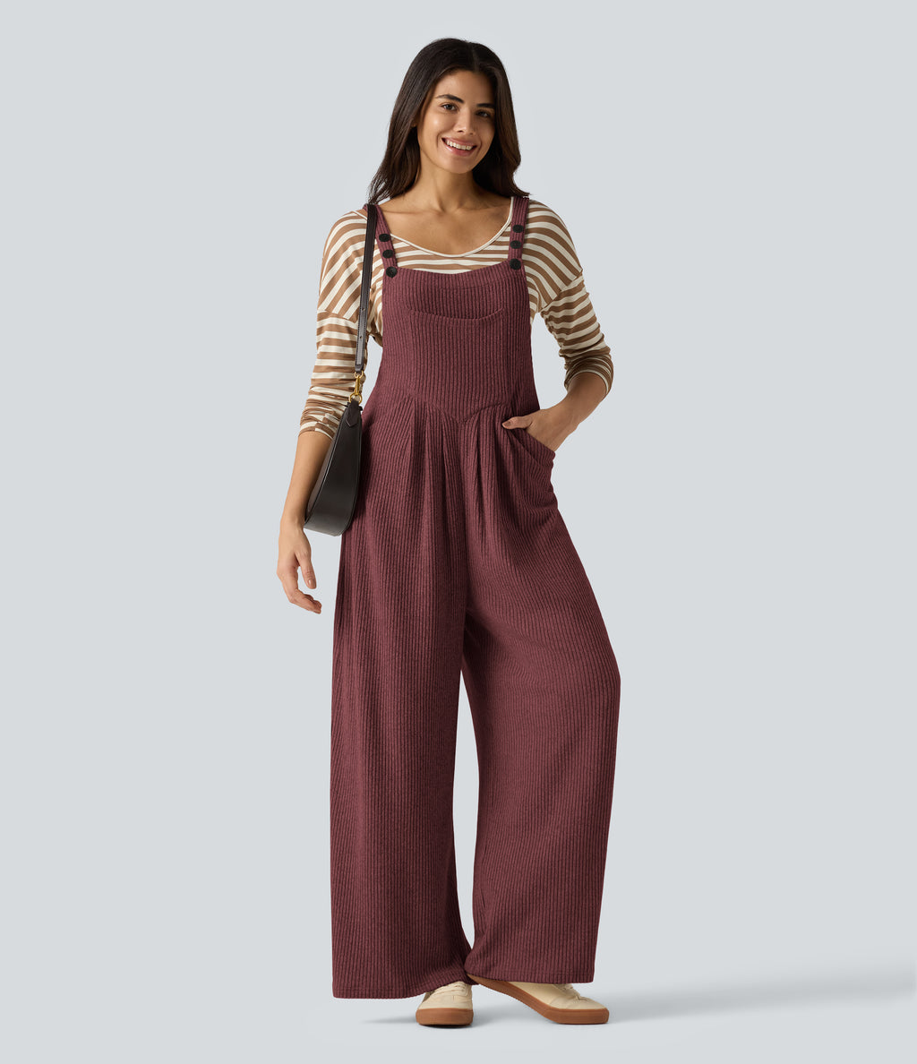 Ribbed Knit Casual Dungarees with Pockets — Cozy Burgundy — view 1