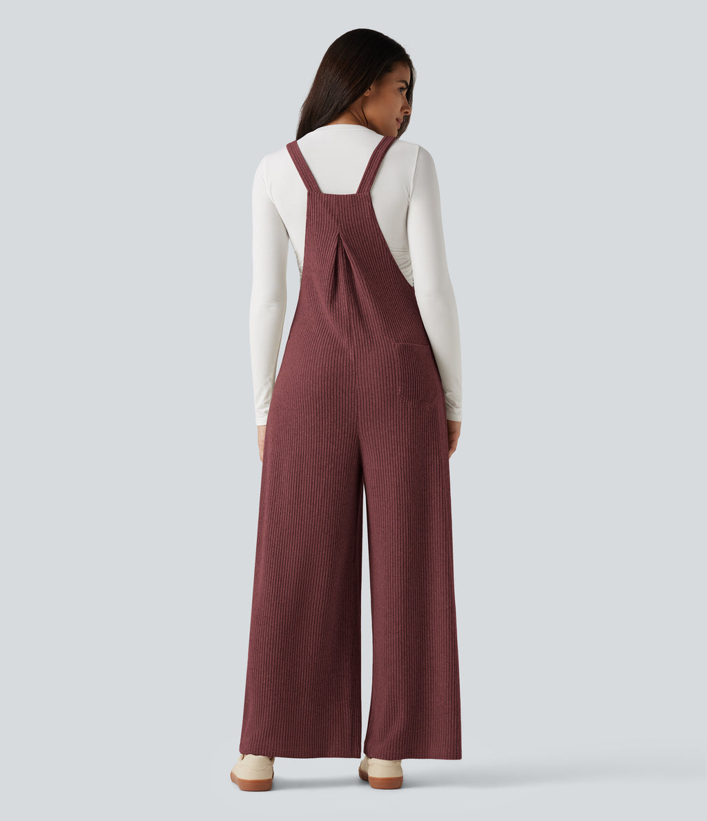 Ribbed Knit Casual Dungarees with Pockets — Cozy Burgundy — view 2