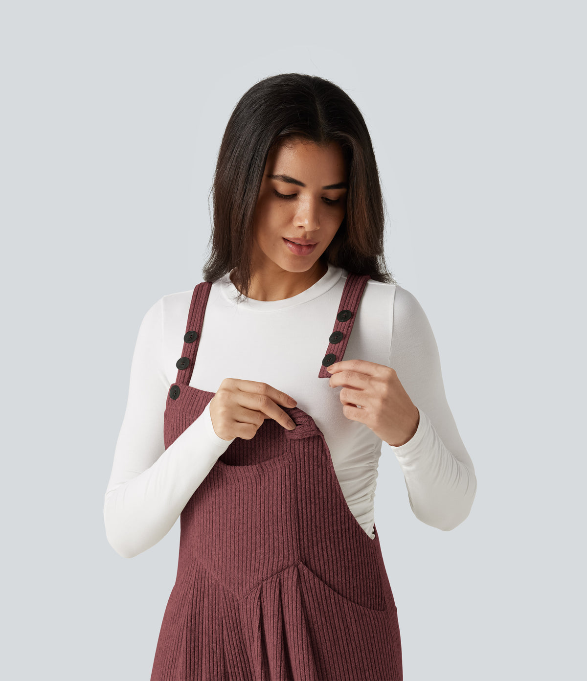 Ribbed Knit Casual Dungarees with Pockets — Cozy Burgundy — view 7