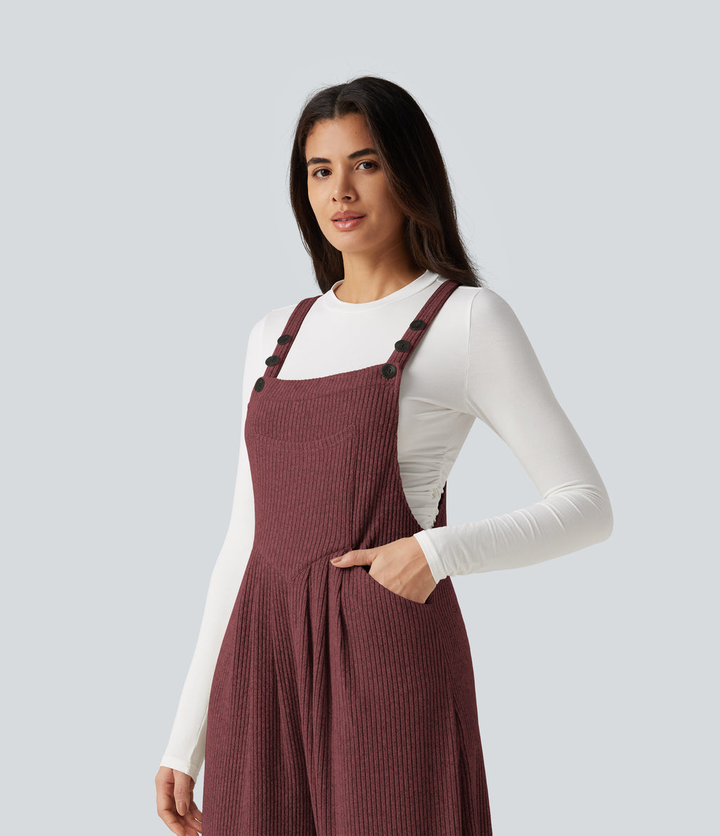 Ribbed Knit Casual Dungarees with Pockets — Cozy Burgundy — view 5