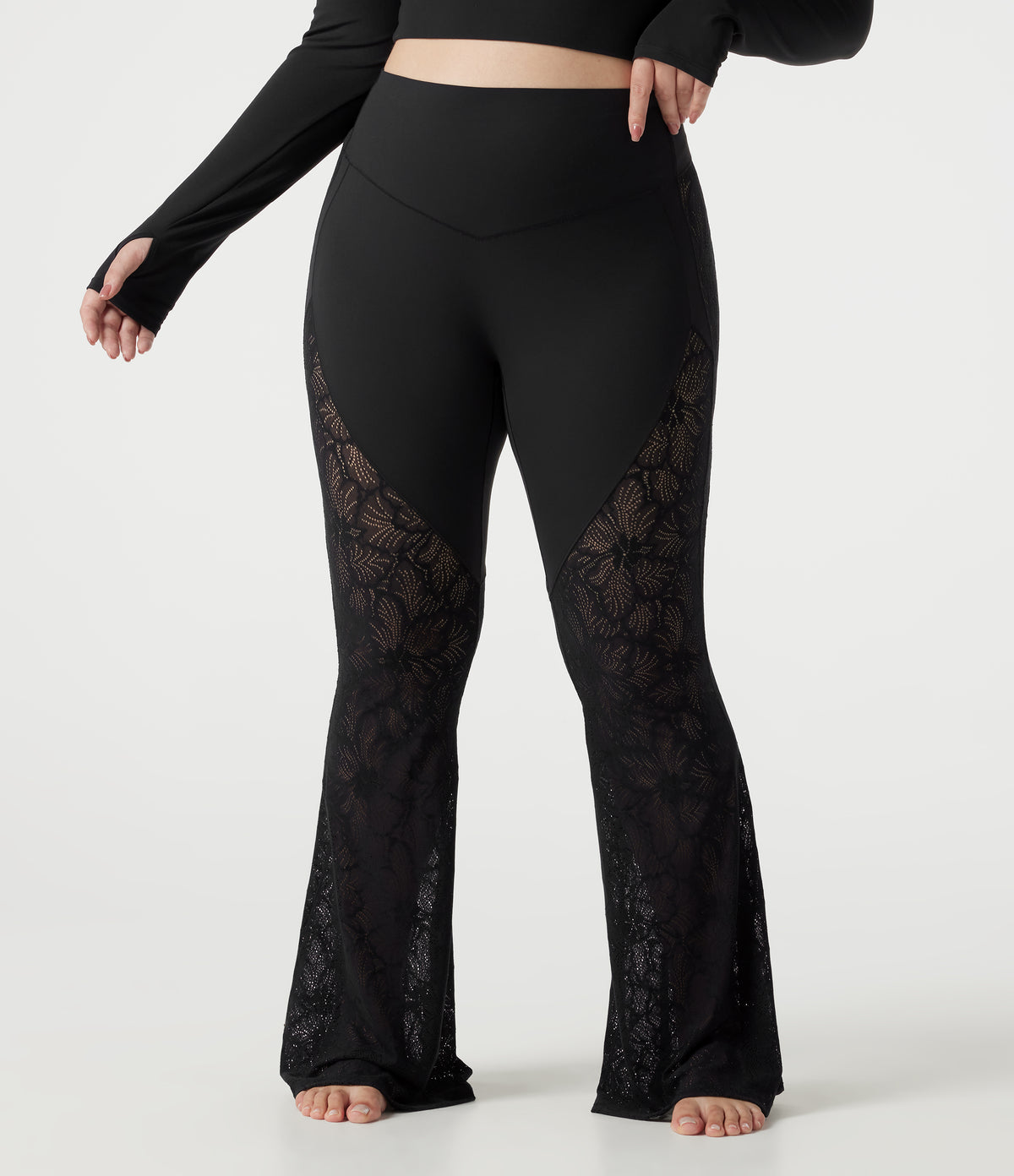 Plus Size High Waisted Tummy Control Contrast Lace Yoga Flare Leggings with Pocket — Black — view 3