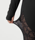 Plus Size High Waisted Tummy Control Contrast Lace Yoga Flare Leggings with Pocket — Black — view 7