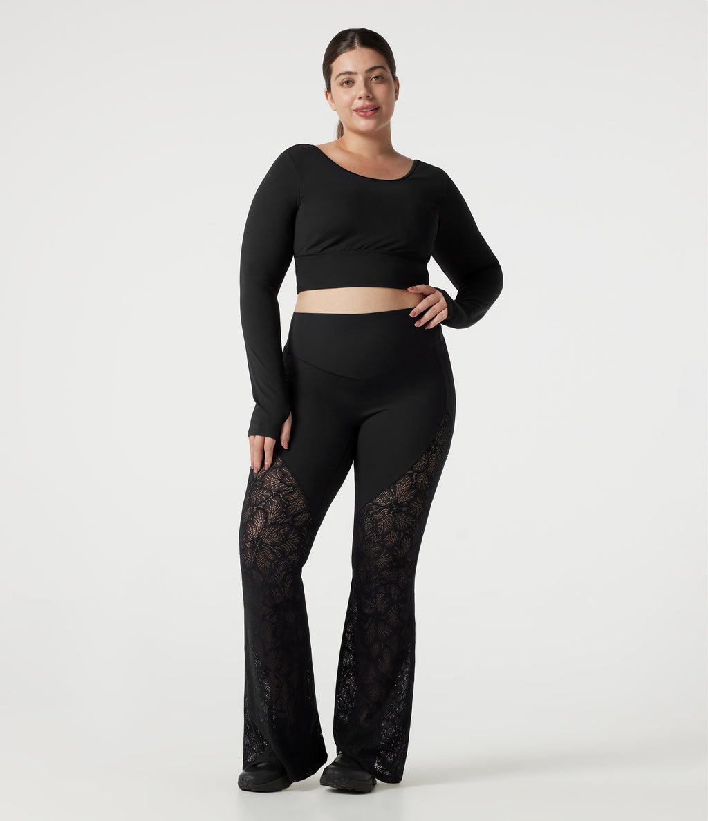 Plus Size High Waisted Tummy Control Contrast Lace Yoga Flare Leggings with Pocket — Black — view 8
