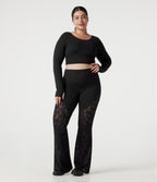 Plus Size High Waisted Tummy Control Contrast Lace Yoga Flare Leggings with Pocket — Black — view 8