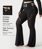 Plus Size High Waisted Tummy Control Contrast Lace Yoga Flare Leggings with Pocket — Black — view 1