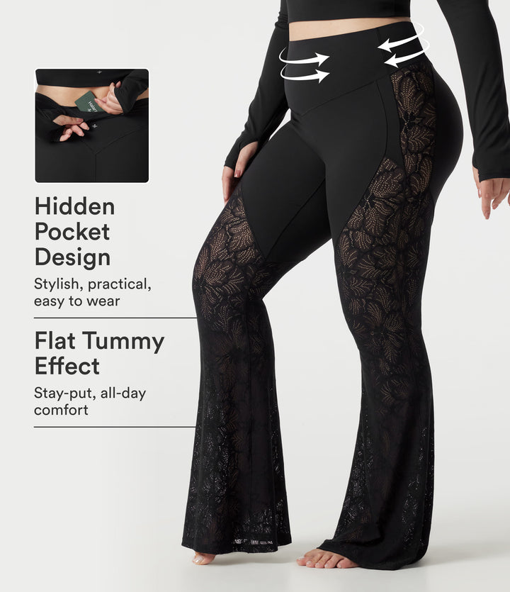 Plus Size High Waisted Tummy Control Contrast Lace Yoga Flare Leggings with Pocket — Black — view 1