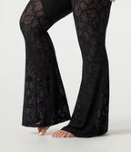 Plus Size High Waisted Tummy Control Contrast Lace Yoga Flare Leggings with Pocket — Black — view 6