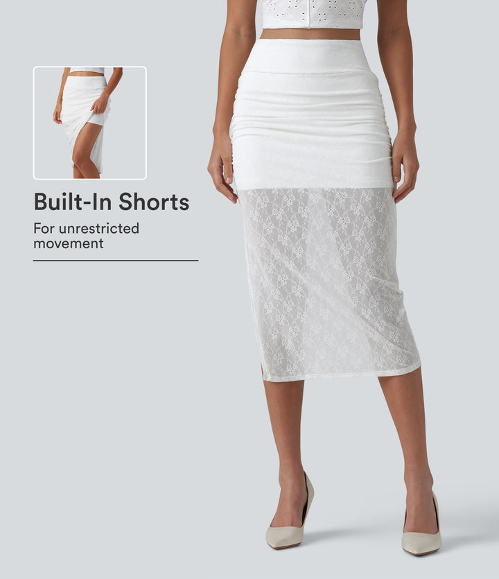 High-waisted 2-in-1 Ruched Split Bodycon Midi Bridesmaid And Wedding Guest Lace Skirt — White — view 1