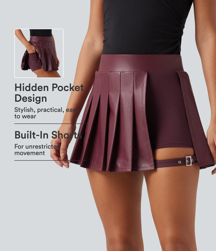 High Waisted Pleated 2-in-1 Stretchy PU Micro Mini Party Skirt with Pocket — Berrywood Red — view 1