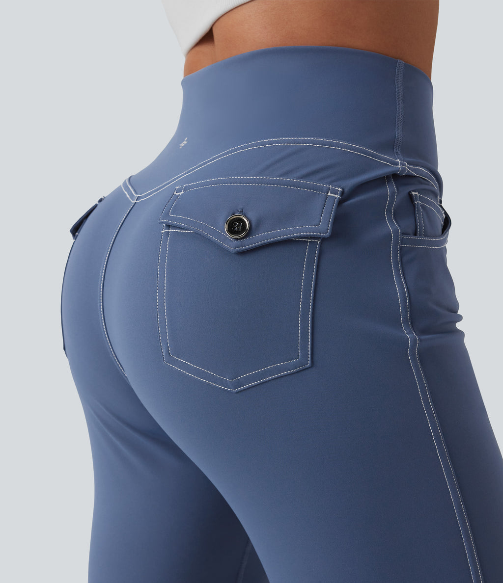 Mid Rise Crossover Super Flare Casual Leggings with Pockets — Persian Blue — view 4