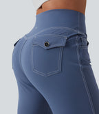 Mid Rise Crossover Super Flare Casual Leggings with Pockets — Persian Blue — view 4