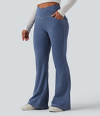 Mid Rise Crossover Super Flare Casual Leggings with Pockets — Persian Blue — view 3