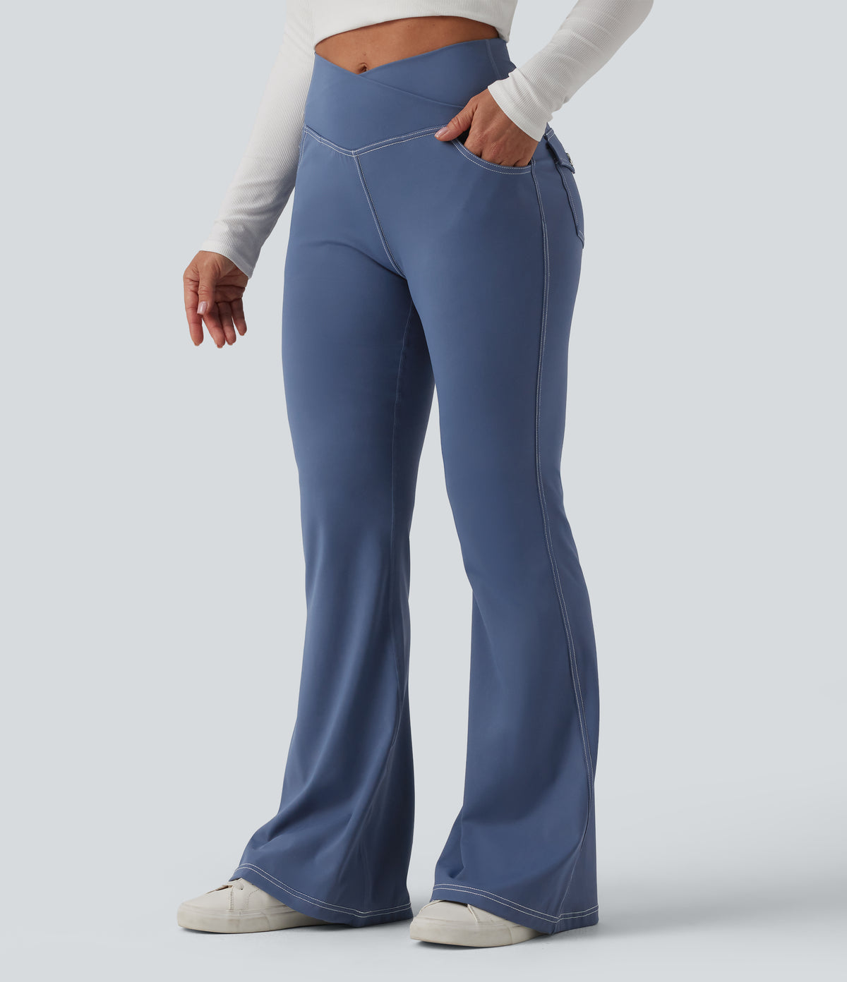 Mid Rise Crossover Super Flare Casual Leggings with Pockets — Persian Blue — view 3