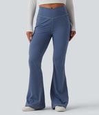 Mid Rise Crossover Super Flare Casual Leggings with Pockets — Persian Blue — view 1