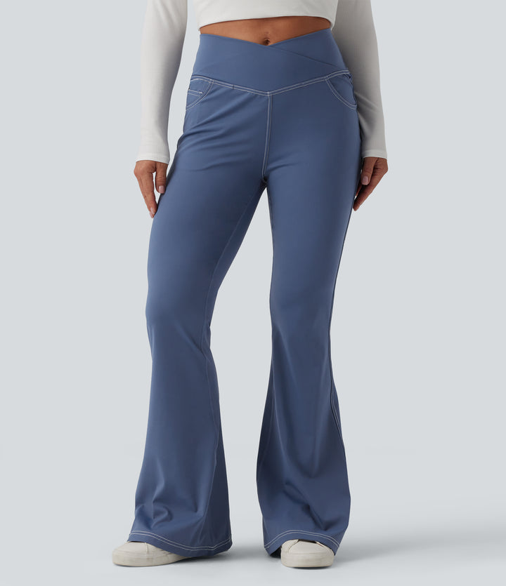Mid Rise Crossover Super Flare Casual Leggings with Pockets — Persian Blue — view 1