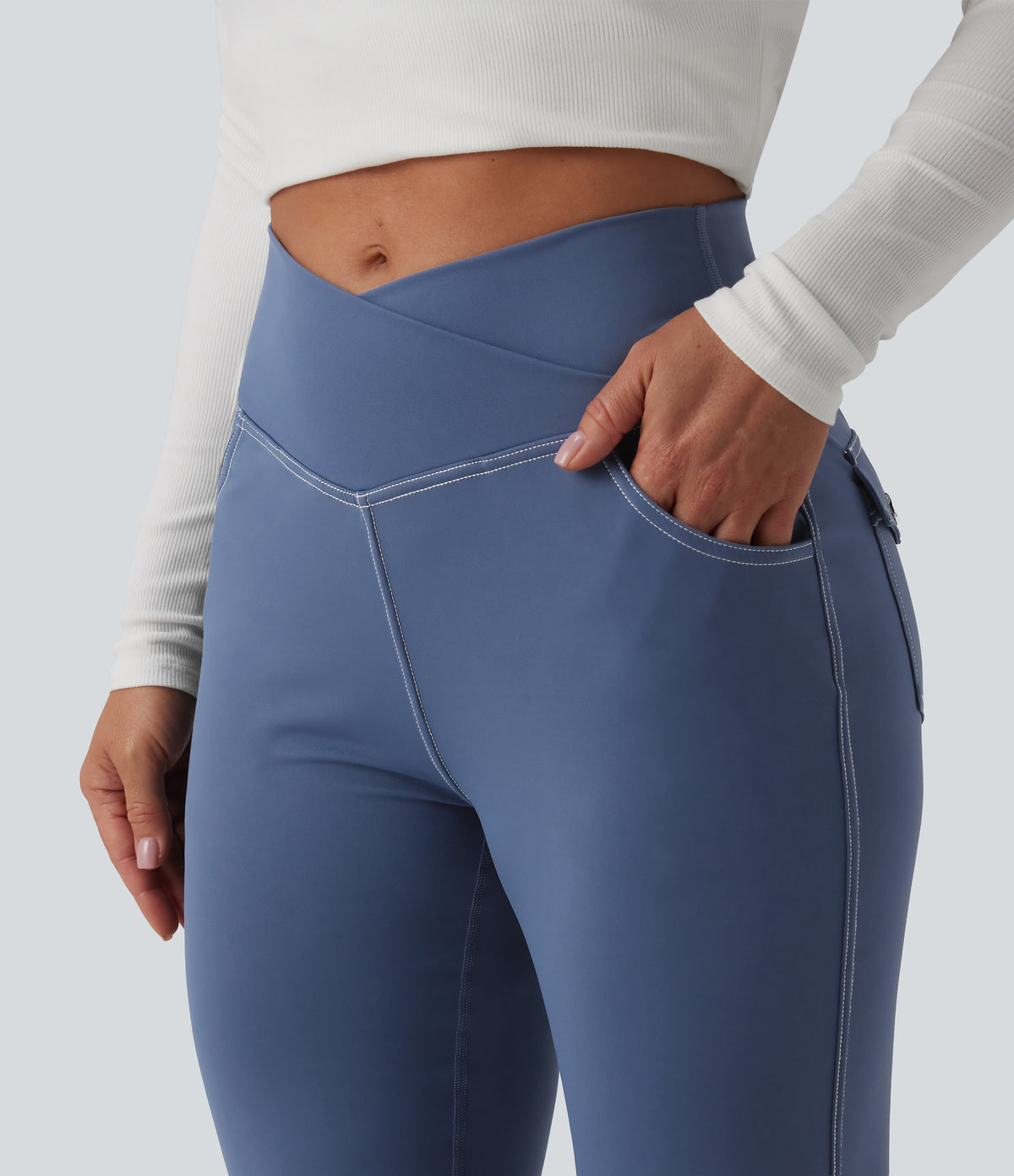 Mid Rise Crossover Super Flare Casual Leggings with Pockets — Persian Blue — view 5