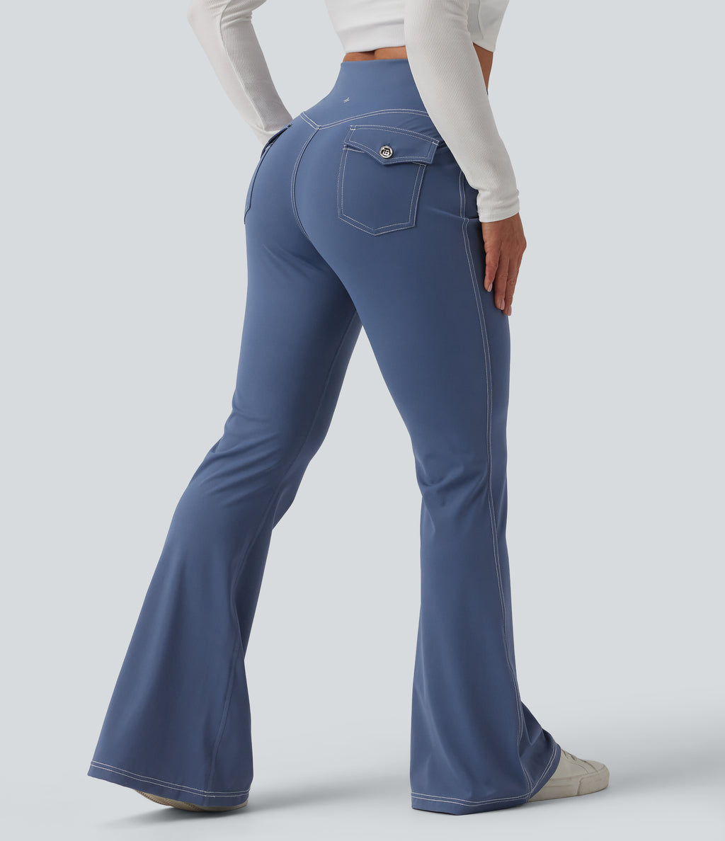 Mid Rise Crossover Super Flare Casual Leggings with Pockets — Persian Blue — view 2