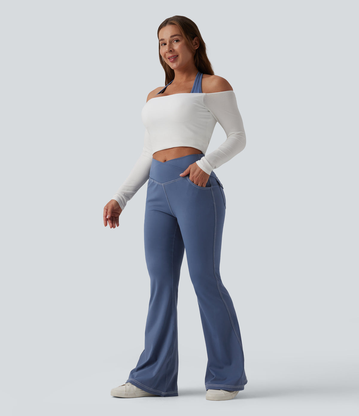 Mid Rise Crossover Super Flare Casual Leggings with Pockets — Persian Blue — view 6