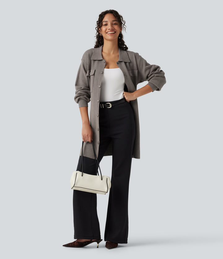 Long Sleeve Belted Longline Casual Jacket with Pockets — Walnut — view 1