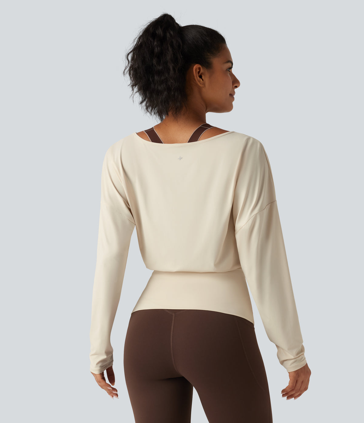 V Neck Batwing Long Sleeve InstantCool Yoga Sports Top-UPF50+ — Almond Milk — view 3