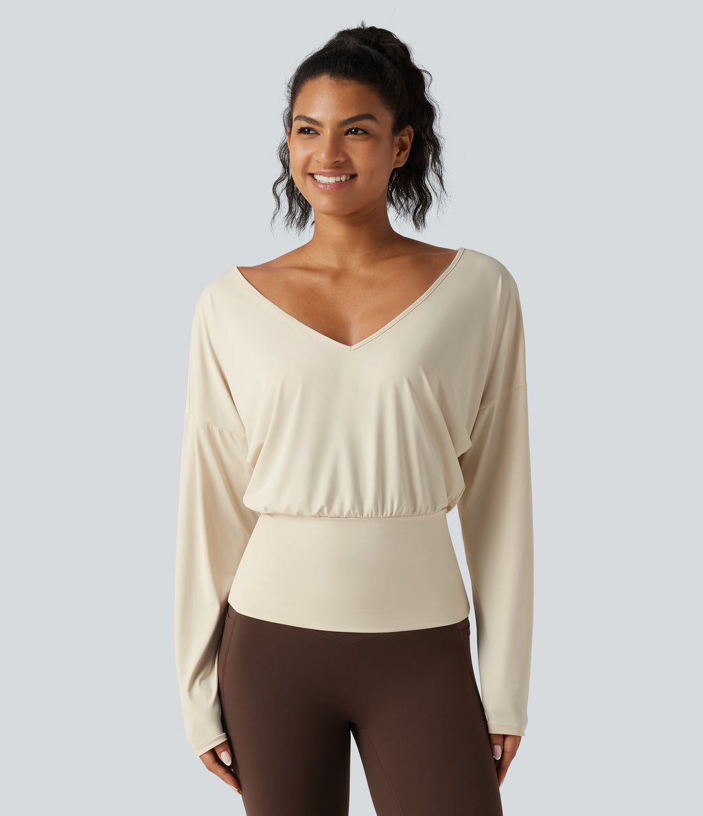 V Neck Batwing Long Sleeve InstantCool Yoga Sports Top-UPF50+ — Almond Milk — view 2