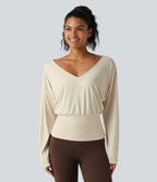 V Neck Batwing Long Sleeve InstantCool Yoga Sports Top-UPF50+ — Almond Milk — view 2