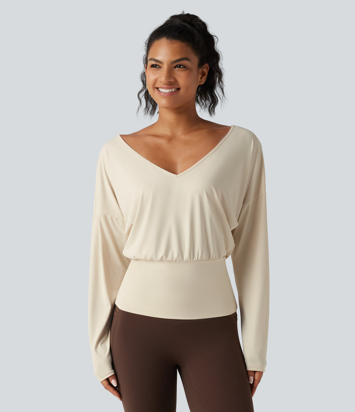 V Neck Batwing Long Sleeve InstantCool Yoga Sports Top-UPF50+ — Almond Milk — view 2