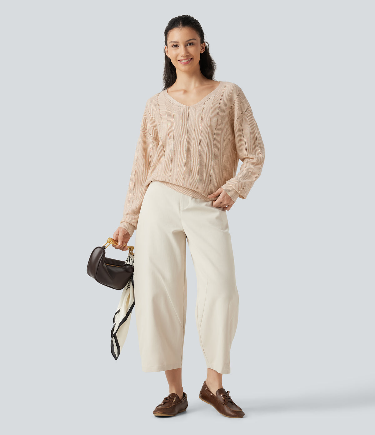 V Neck Long Sleeve Casual Wool-Blend Jumper — Almond Peach — view 7