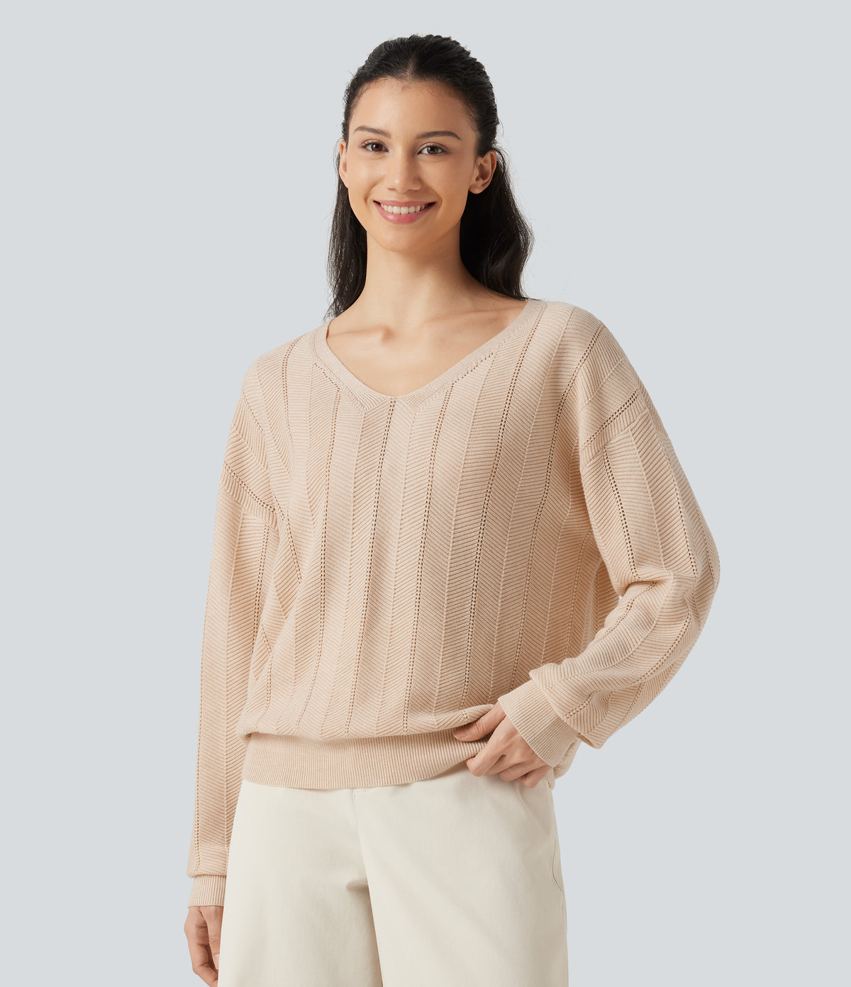 V Neck Long Sleeve Casual Wool-Blend Jumper — Almond Peach — view 4
