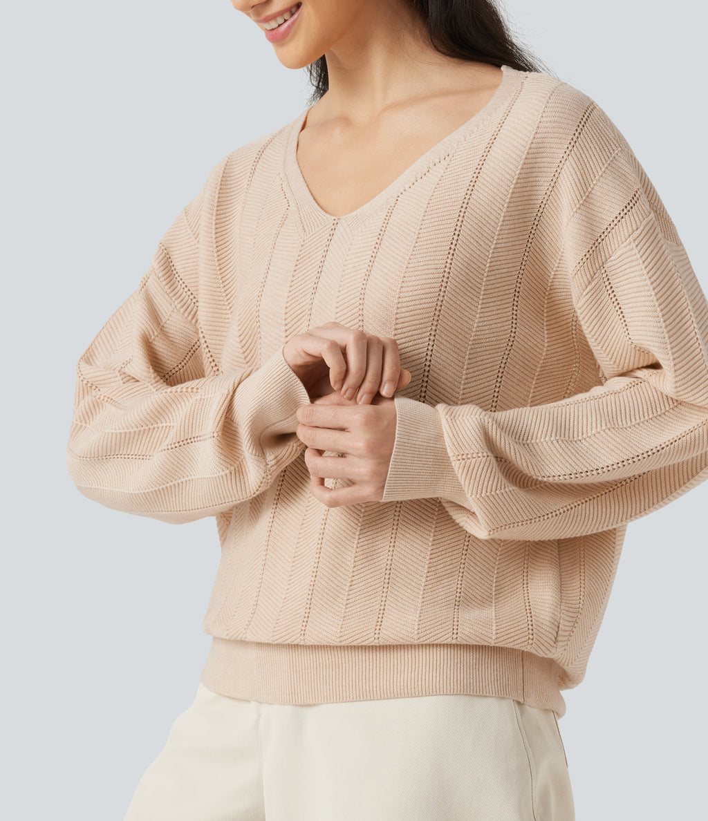 V Neck Long Sleeve Casual Wool-Blend Jumper — Almond Peach — view 6