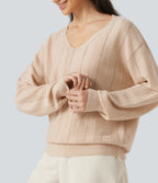 V Neck Long Sleeve Casual Wool-Blend Jumper — Almond Peach — view 6