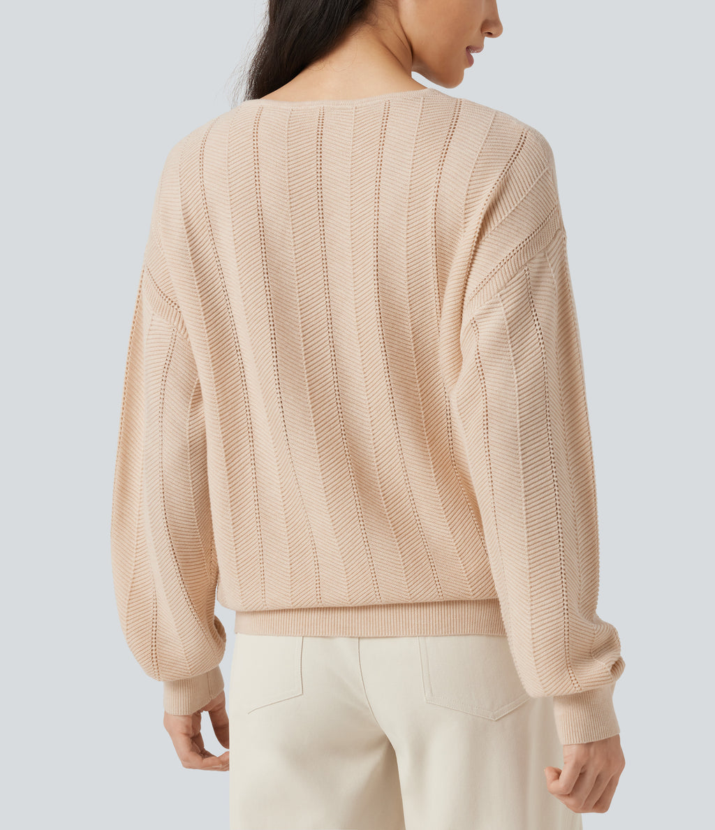 V Neck Long Sleeve Casual Wool-Blend Jumper — Almond Peach — view 5