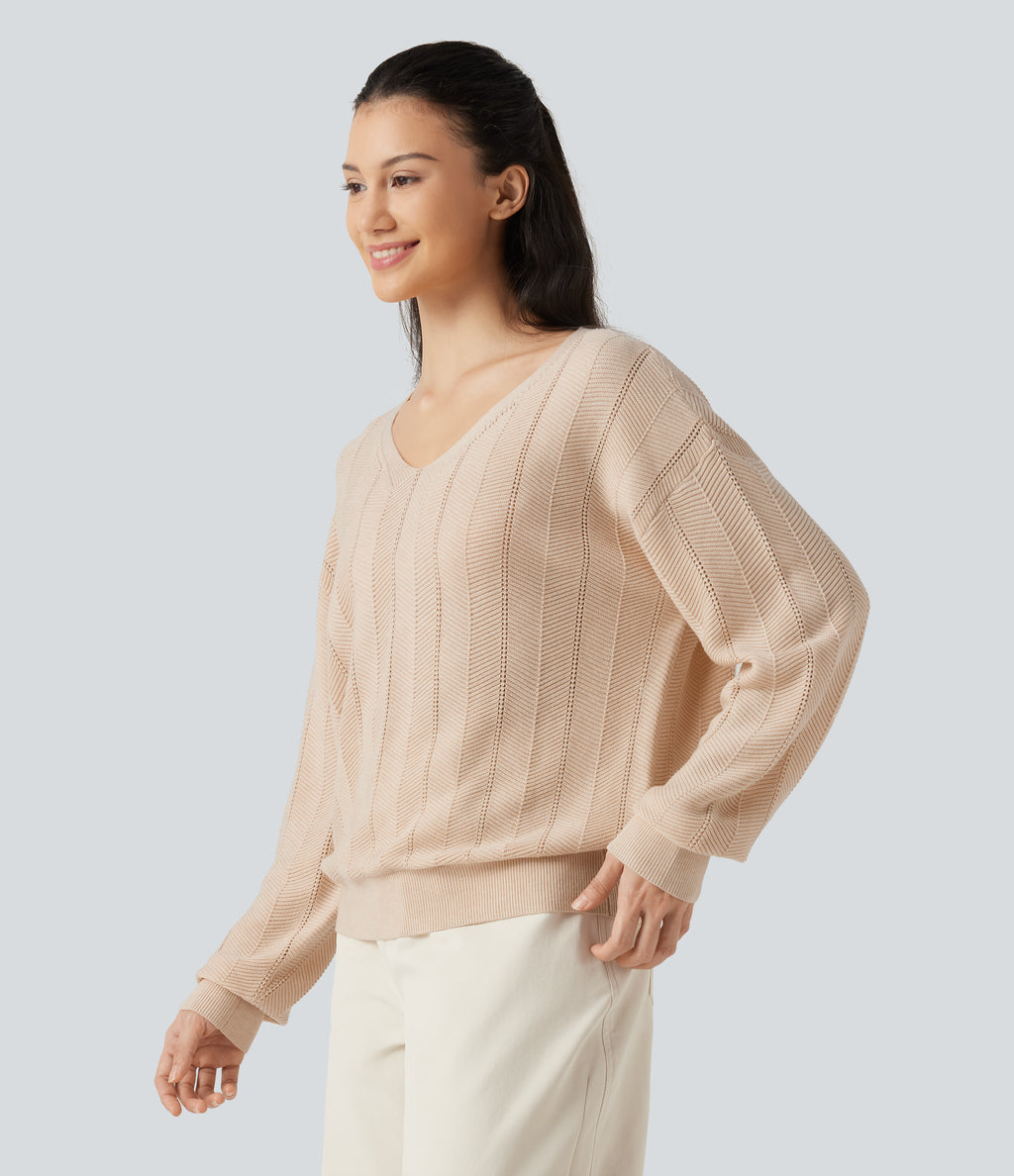 V Neck Long Sleeve Casual Wool-Blend Jumper — Almond Peach — view 3