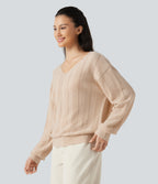 V Neck Long Sleeve Casual Wool-Blend Jumper — Almond Peach — view 3